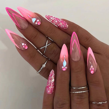 Pink Girl Almond Double French Fake Nails with Glue for Ladies - Teleplus almond double french fake nails