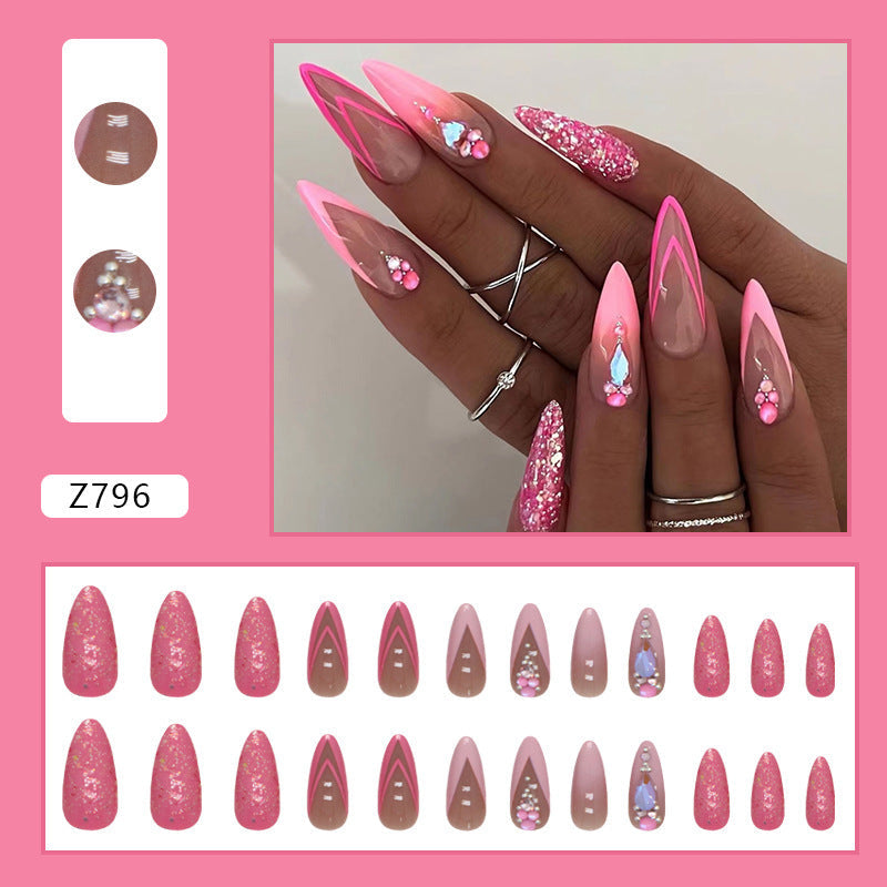 Pink Girl Almond Double French Fake Nails with Glue for Ladies - Teleplus almond double french fake nails