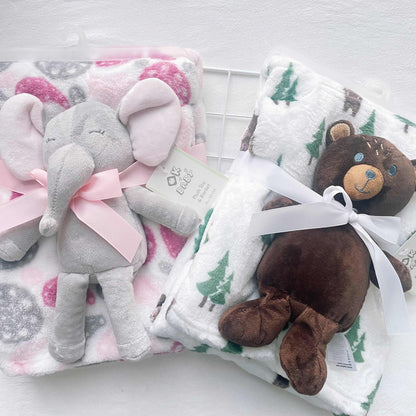 Pink Gray Elephant and Brown Bear Baby Blanket with Doll in Coral Fleece - Teleplus coral fleece four seasons blanket