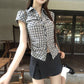 Plaid Cotton Short Sleeve Shirt for Women Men Loose Fit Spring Summer - Teleplus