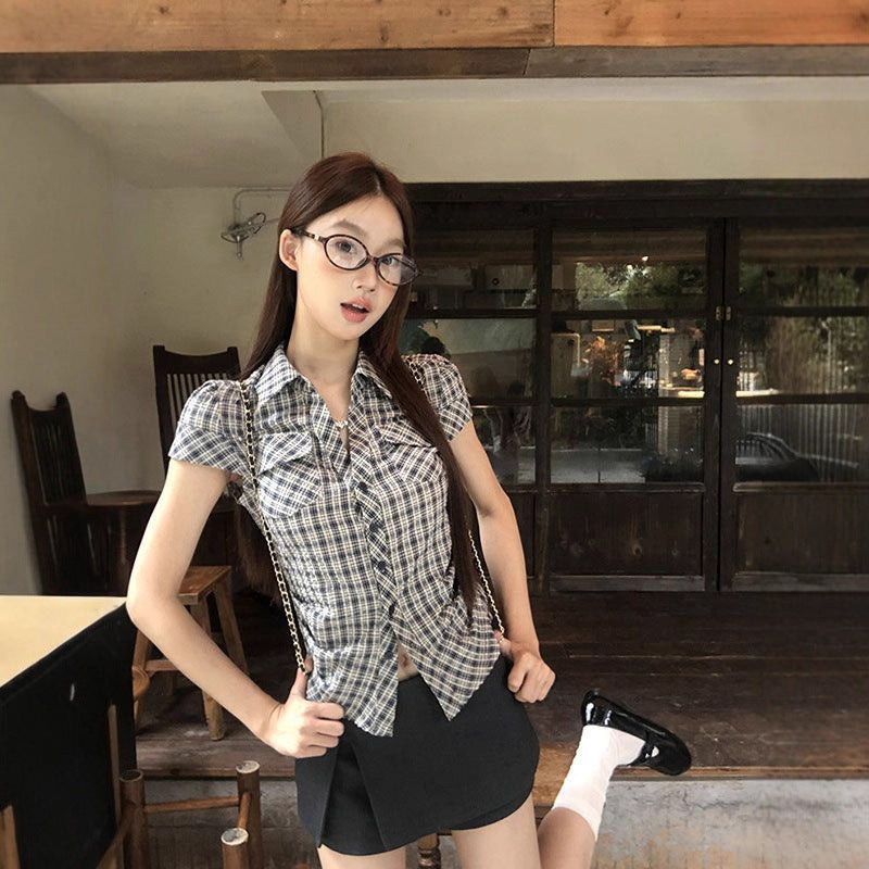 Plaid Cotton Short Sleeve Shirt for Women Men Loose Fit Spring Summer - Teleplus