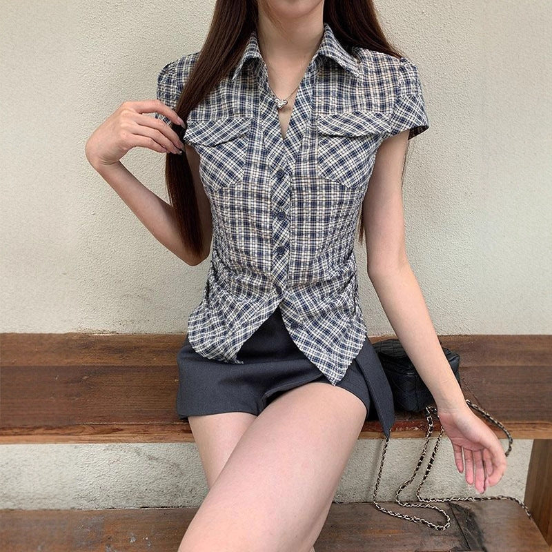 Plaid Cotton Short Sleeve Shirt for Women Men Loose Fit Spring Summer - Teleplus