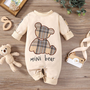 Plaid Patch Bear Baby Climbing Suit in Black and Beige for 0-18 Months - Overalls Tiny Trendsetters plaid patch bear