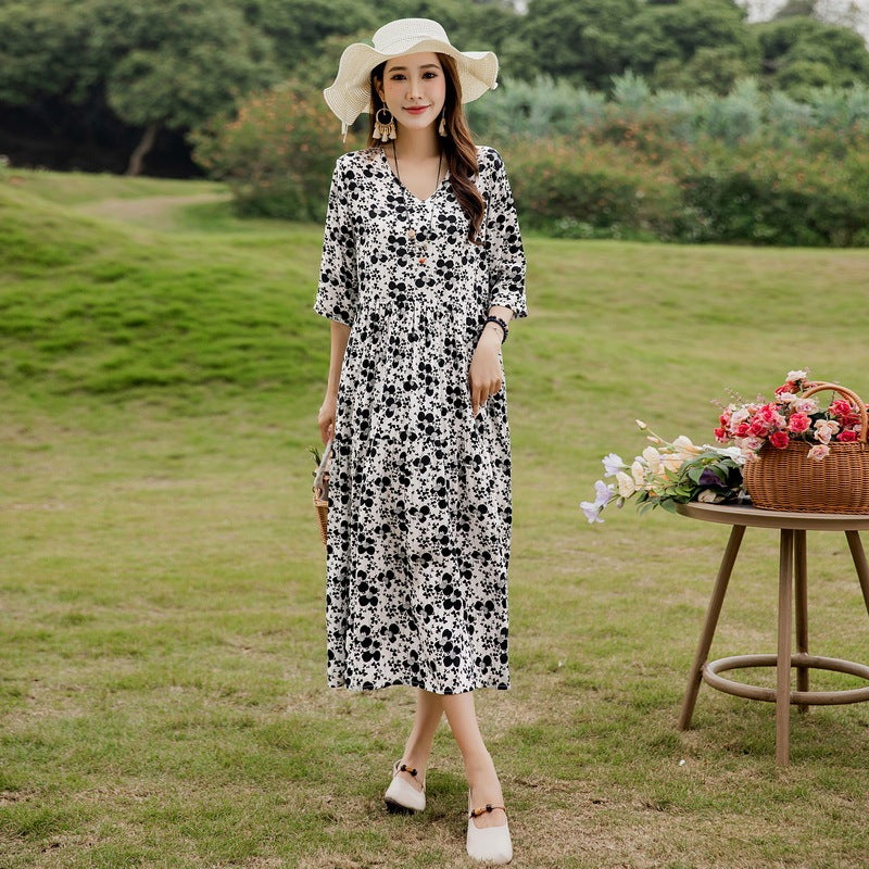 Plus Size Retro Art A-Line Midi Skirt Viscose Short Sleeve Dress Women - Teleplus