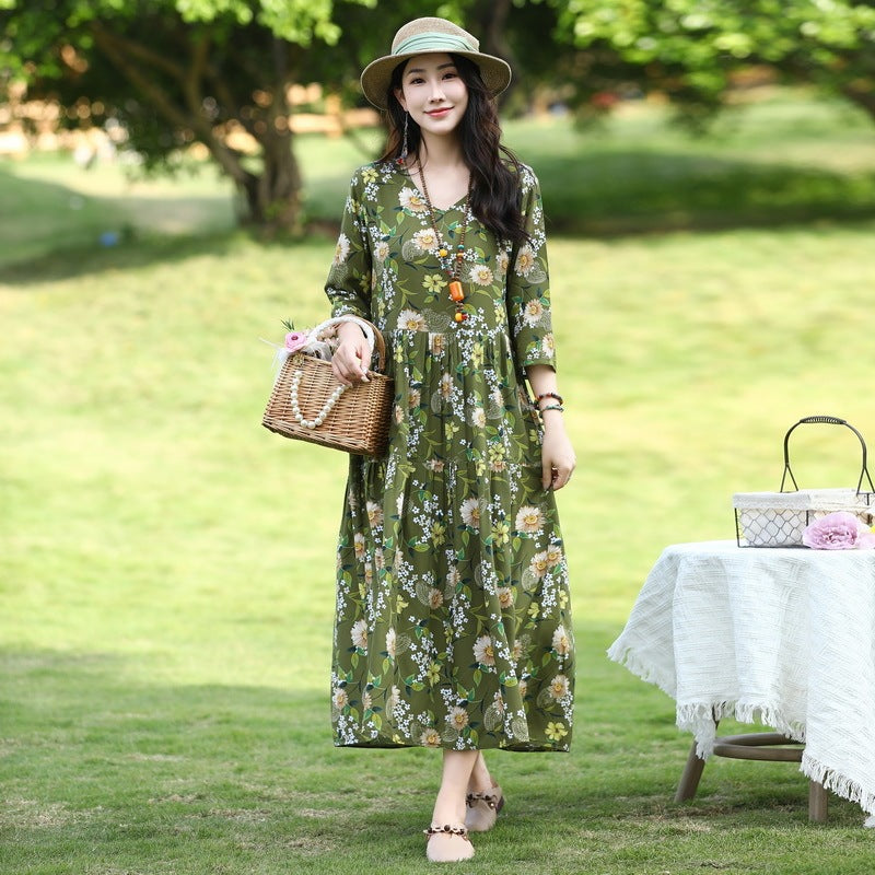 Plus Size Retro Art A-Line Midi Skirt Viscose Short Sleeve Dress Women - Teleplus