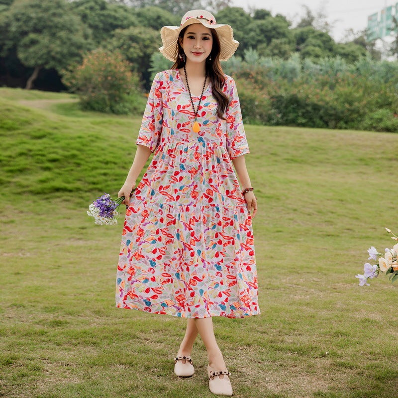 Plus Size Retro Art A-Line Midi Skirt Viscose Short Sleeve Dress Women - Teleplus