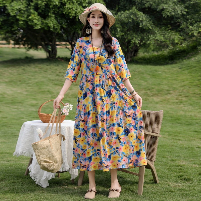 Plus Size Retro Art A-Line Midi Skirt Viscose Short Sleeve Dress Women - Teleplus