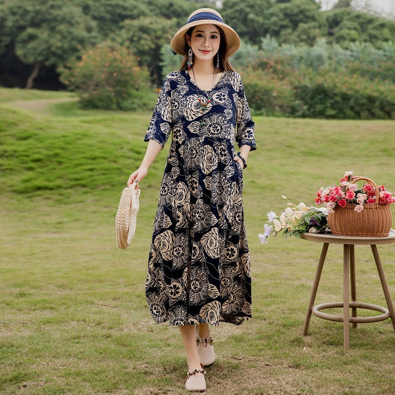 Plus Size Retro Art A-Line Midi Skirt Viscose Short Sleeve Dress Women - Teleplus