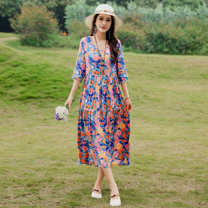 Plus Size Retro Art A-Line Midi Skirt Viscose Short Sleeve Dress Women - Teleplus