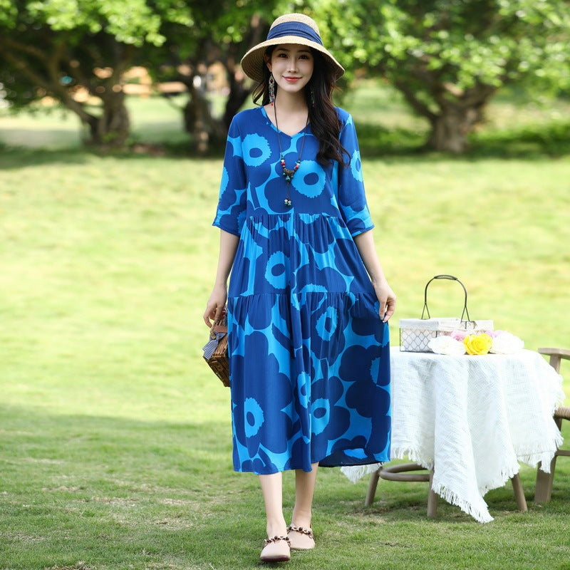 Plus Size Retro Art A-Line Midi Skirt Viscose Short Sleeve Dress Women - Teleplus