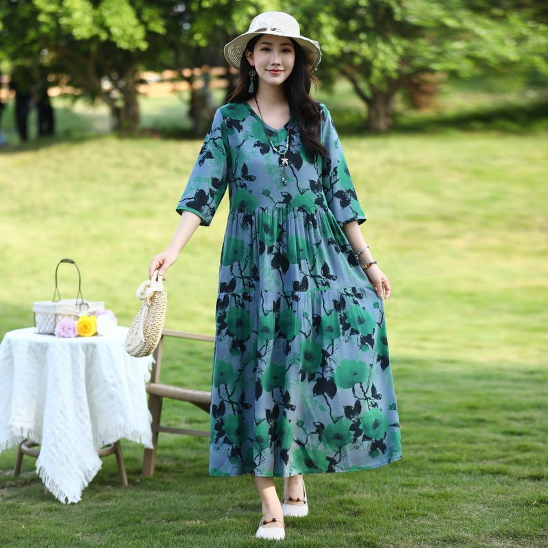 Plus Size Retro Art A-Line Midi Skirt Viscose Short Sleeve Dress Women - Teleplus