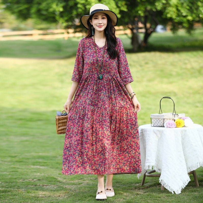 Plus Size Retro Art A-Line Midi Skirt Viscose Short Sleeve Dress Women - Teleplus