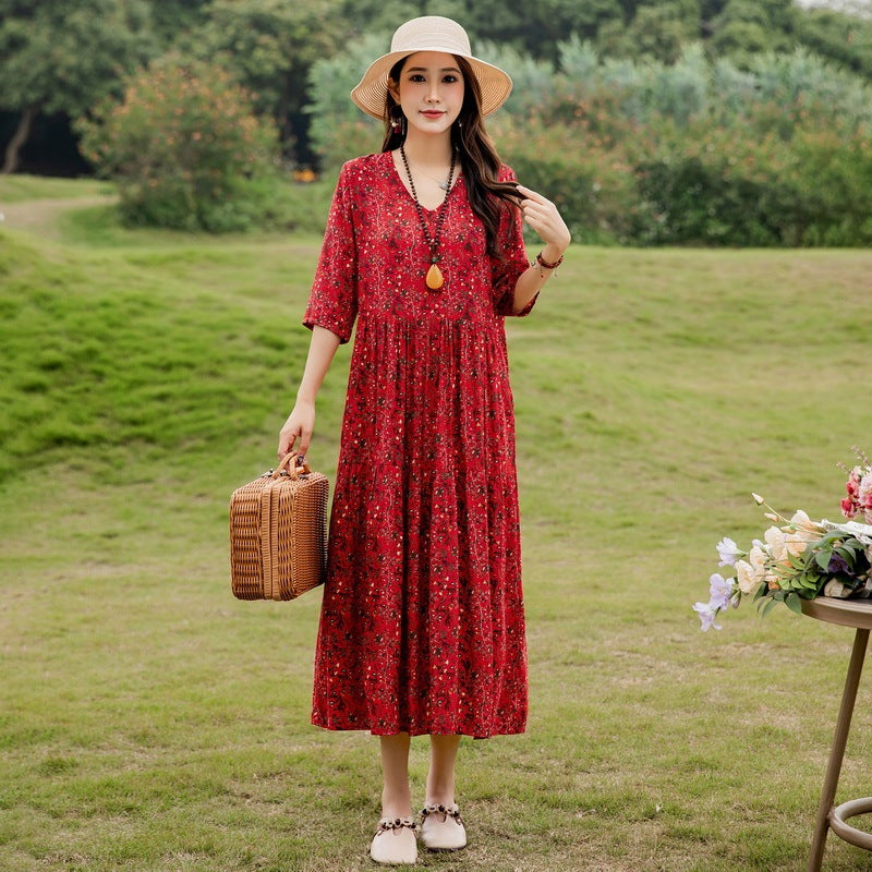 Plus Size Retro Art A-Line Midi Skirt Viscose Short Sleeve Dress Women - Teleplus