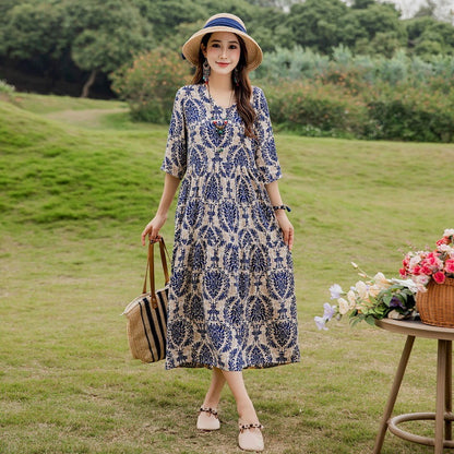 Plus Size Retro Art A-Line Midi Skirt Viscose Short Sleeve Dress Women - Teleplus