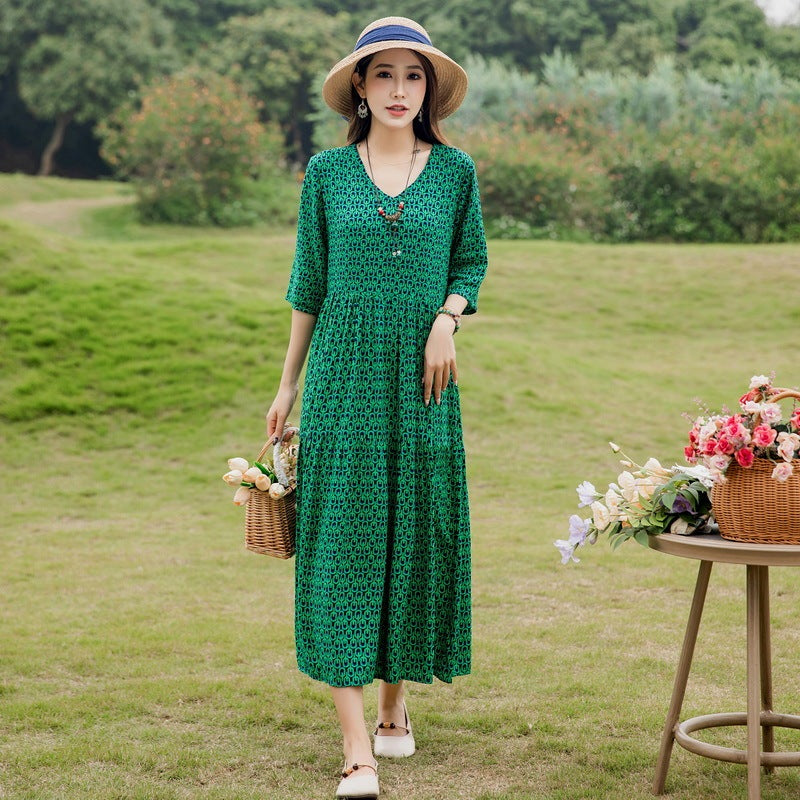 Plus Size Retro Art A-Line Midi Skirt Viscose Short Sleeve Dress Women - Teleplus