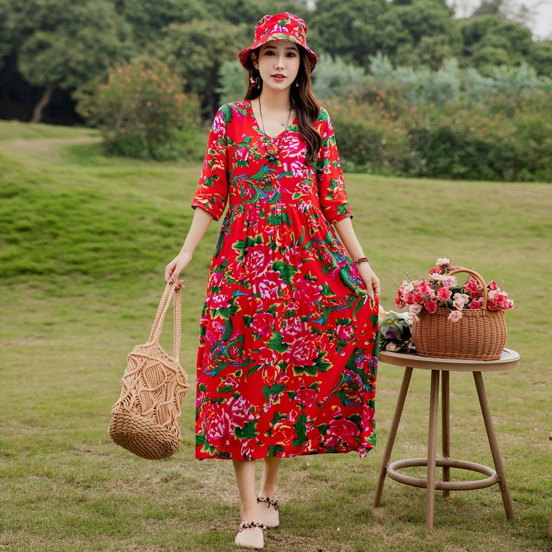 Plus Size Retro Art A-Line Midi Skirt Viscose Short Sleeve Dress Women - Teleplus