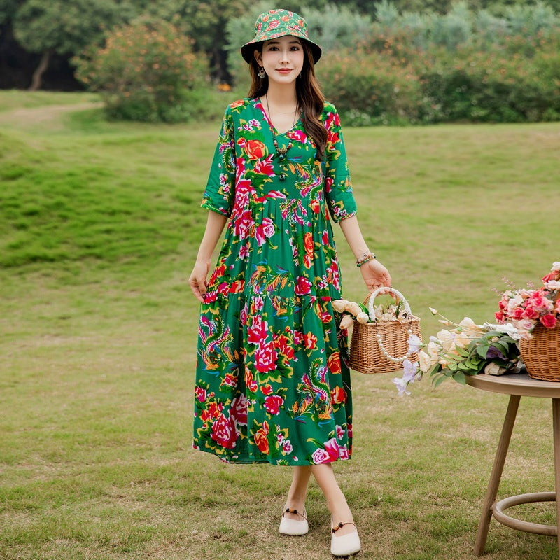 Plus Size Retro Art A-Line Midi Skirt Viscose Short Sleeve Dress Women - Teleplus