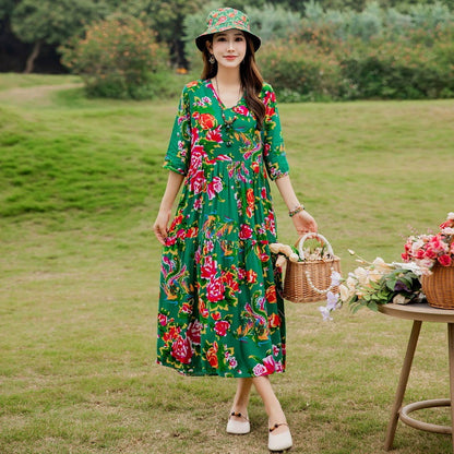 Plus Size Retro Art A-Line Midi Skirt Viscose Short Sleeve Dress Women - Teleplus