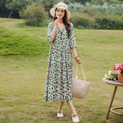 Plus Size Retro Art A-Line Midi Skirt Viscose Short Sleeve Dress Women - Teleplus