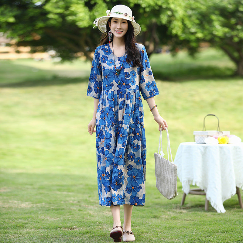 Plus Size Retro Art A-Line Midi Skirt Viscose Short Sleeve Dress Women - Teleplus