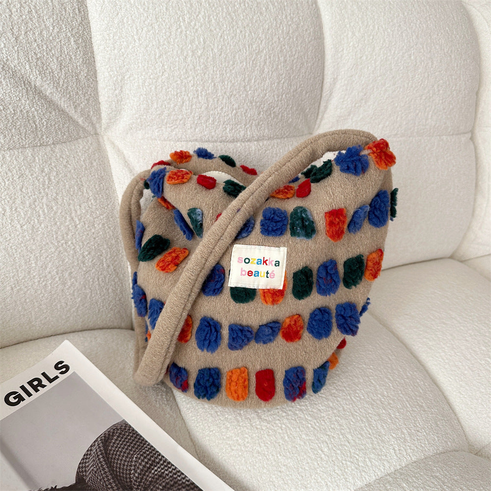 Plush Bucket Portable Crossbody Bag with Inner Zipper and Multiple Pockets - Teleplus crossbody plush bucket portable