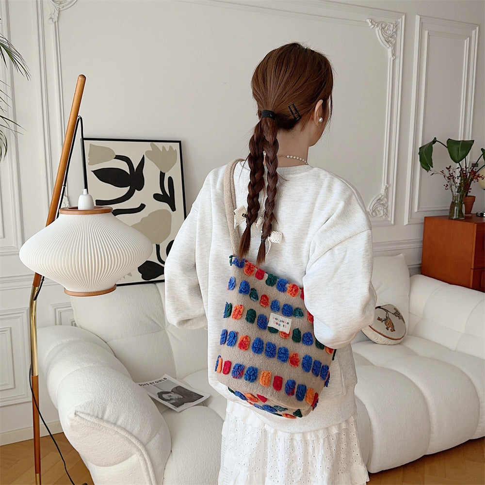 Plush Bucket Portable Crossbody Bag with Inner Zipper and Multiple Pockets - Teleplus crossbody plush bucket portable