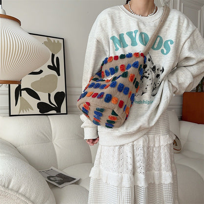 Plush Bucket Portable Crossbody Bag with Inner Zipper and Multiple Pockets - Teleplus crossbody plush bucket portable