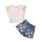 Polka Dot Mesh Sleeves Top Flower Denim Shorts - Polka Dots and Denim for Trendy Tiny Tots