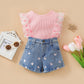 Kids Denim Two-Piece Suit in White or Pink Suitable for United States - Polka Dots and Trendy Tiny Tots united states