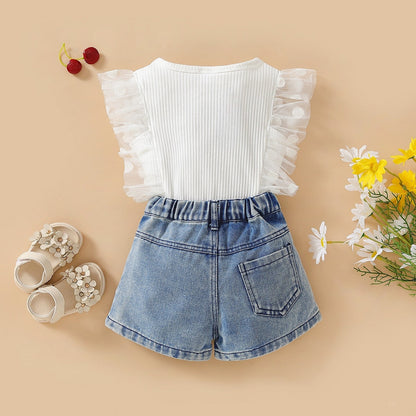 Kids Denim Two-Piece Suit in White or Pink Suitable for United States - Polka Dots and Trendy Tiny Tots united states