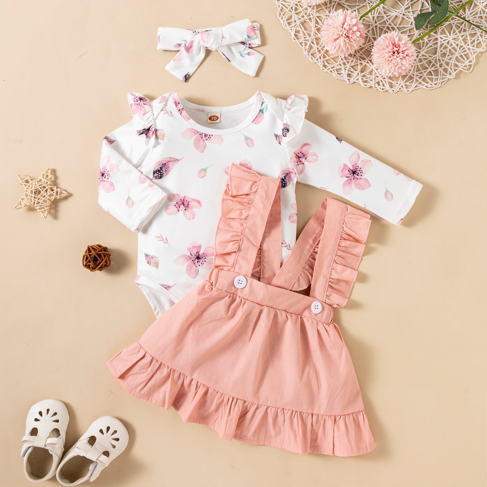 Printed Long-sleeved Baby Girl Romper Two-color Strap Ruffled Dress Headdress Three Pieces - Ruffled Romper Sets