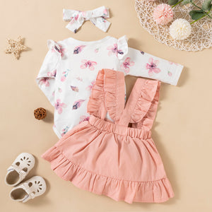 Printed Long-sleeved Baby Girl Romper Two-color Strap Ruffled Dress Headdress Three Pieces - Ruffled Romper Sets