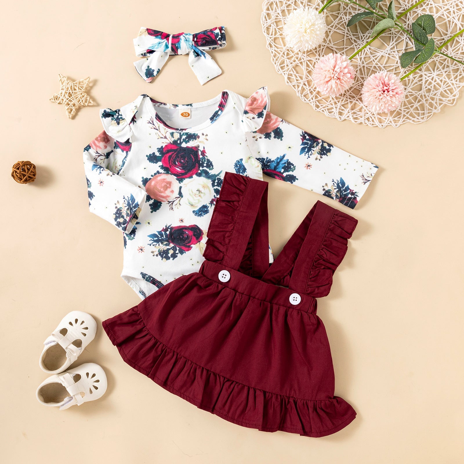 Printed Long-sleeved Baby Girl Romper Two-color Strap Ruffled Dress Headdress Three Pieces - Ruffled Romper Sets