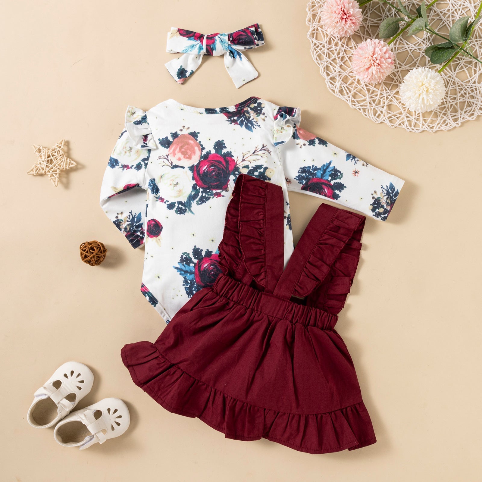 Printed Long-sleeved Baby Girl Romper Two-color Strap Ruffled Dress Headdress Three Pieces - Ruffled Romper Sets