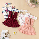 Printed Long-sleeved Baby Girl Romper Two-color Strap Ruffled Dress Headdress Three Pieces - Ruffled Romper Sets