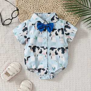 Printed Short Sleeve Lapel Bow Shirt Jumpsuit - Baby’s Short Sleeve Jumpsuit for Tiny Trendsetters