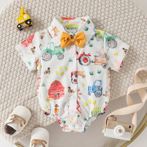 Printed Short Sleeve Lapel Bow Shirt Jumpsuit - Baby’s Short Sleeve Jumpsuit for Tiny Trendsetters