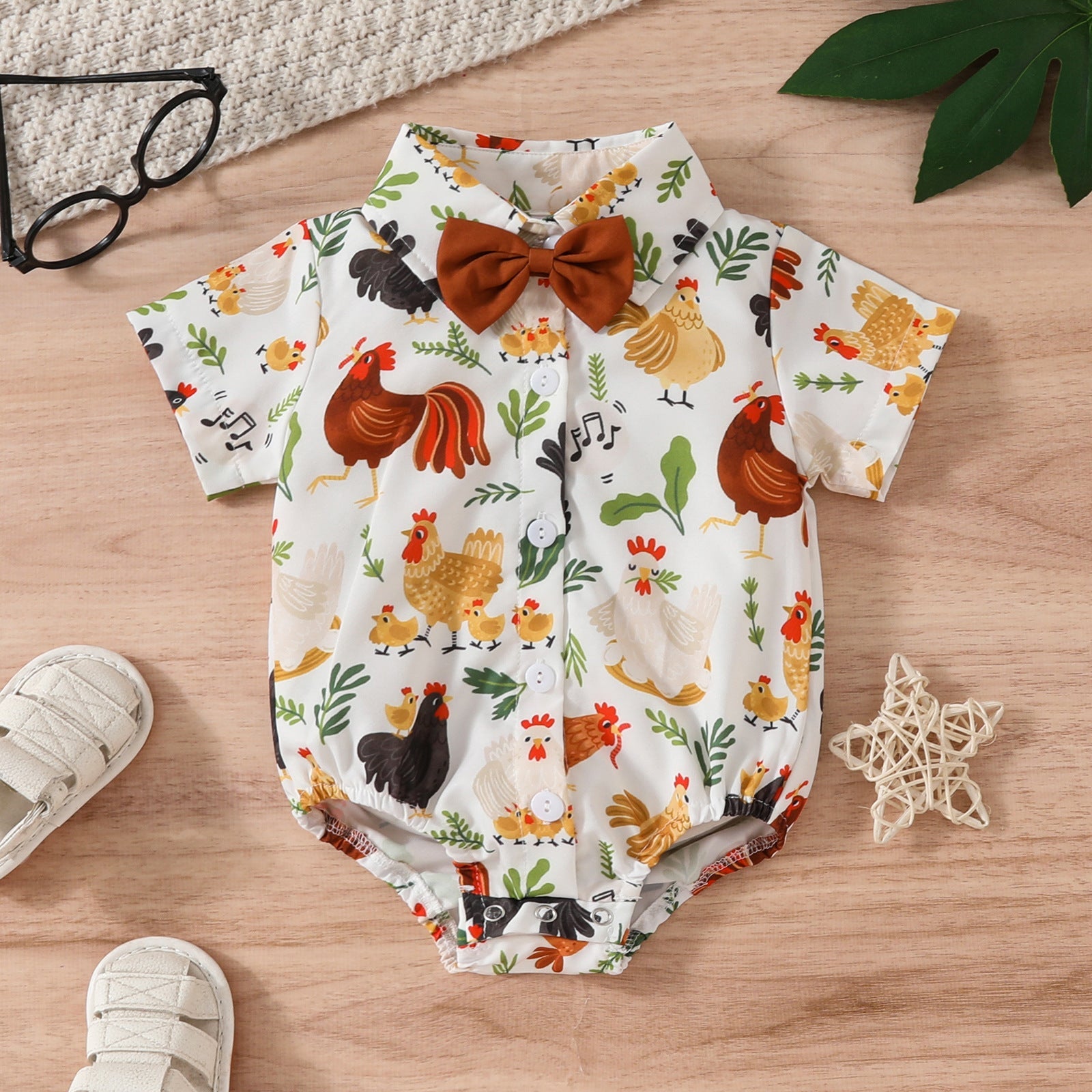 Printed Short Sleeve Lapel Bow Shirt Jumpsuit - Baby’s Short Sleeve Jumpsuit for Tiny Trendsetters