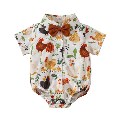 Printed Short Sleeve Lapel Bow Shirt Jumpsuit - Baby’s Short Sleeve Jumpsuit for Tiny Trendsetters