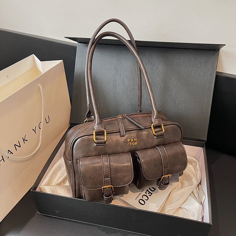 PU Leather Shoulder Bag with Zipper Pocket and Splicing Design for Women - Teleplus