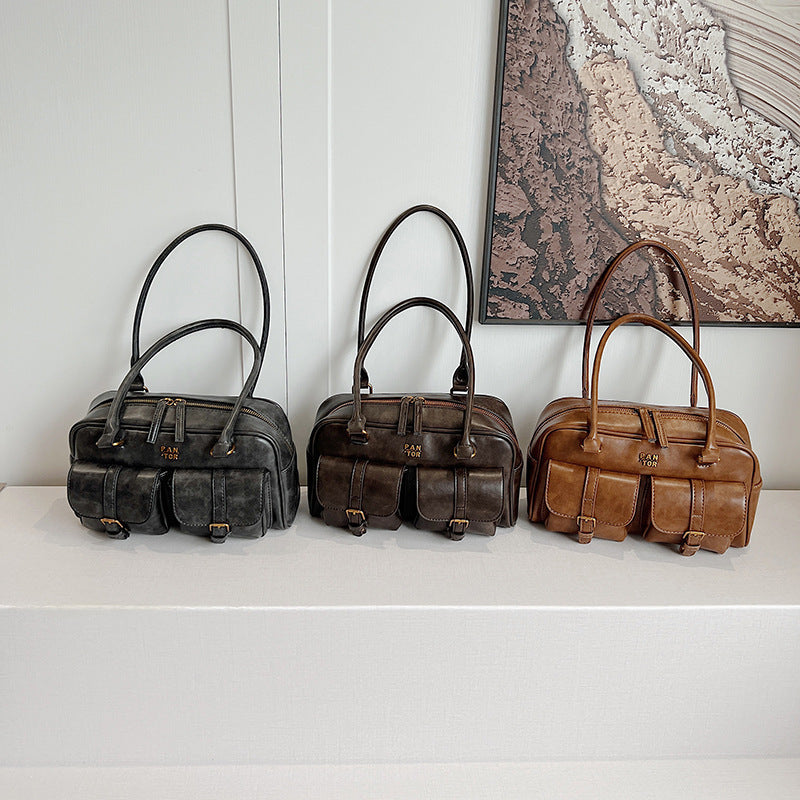 PU Leather Shoulder Bag with Zipper Pocket and Splicing Design for Women - Teleplus