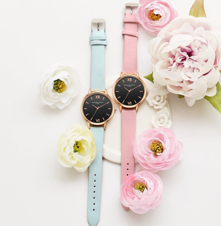 PU leather strap rose gold fashion casual fashion watch ladies black dial watch female models - Rose Gold PU Leather