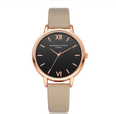 PU leather strap rose gold fashion casual fashion watch ladies black dial watch female models - Rose Gold PU Leather