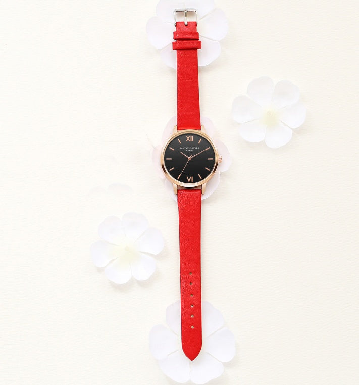 PU leather strap rose gold fashion casual fashion watch ladies black dial watch female models - Rose Gold PU Leather