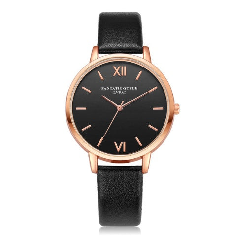 PU leather strap rose gold fashion casual fashion watch ladies black dial watch female models - Rose Gold PU Leather