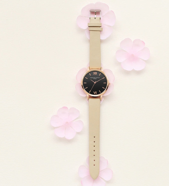 PU leather strap rose gold fashion casual fashion watch ladies black dial watch female models - Rose Gold PU Leather