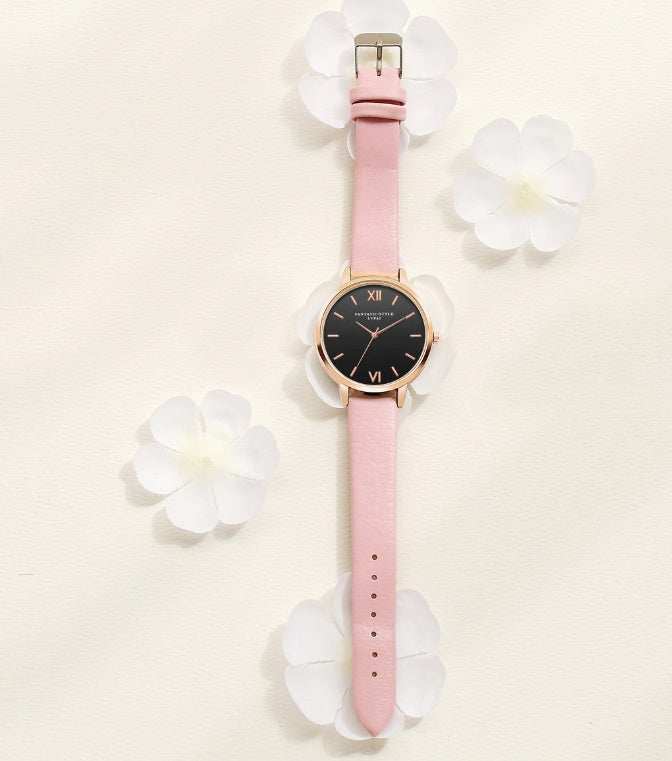 PU leather strap rose gold fashion casual fashion watch ladies black dial watch female models - Rose Gold PU Leather