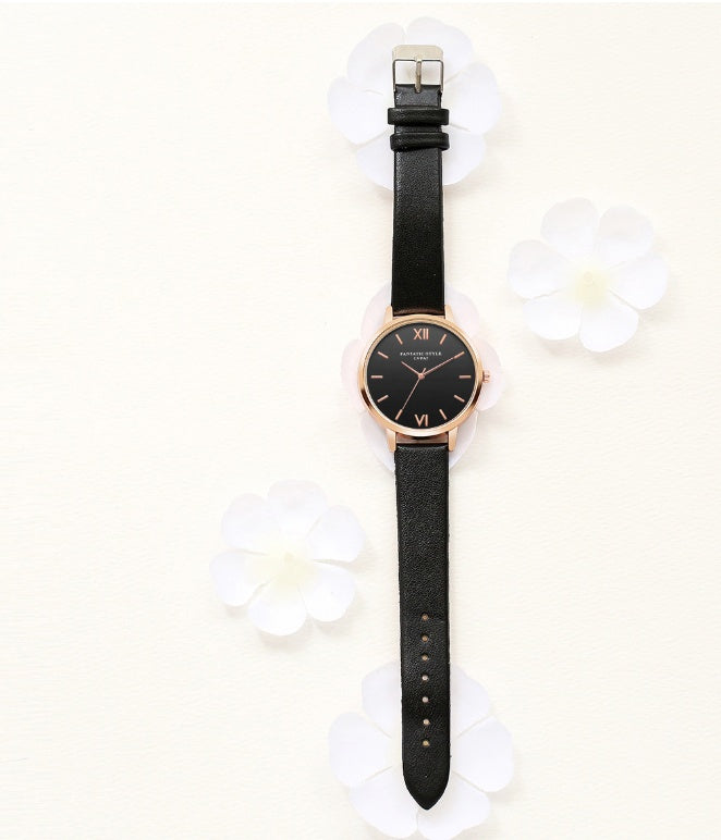 PU leather strap rose gold fashion casual fashion watch ladies black dial watch female models - Rose Gold PU Leather