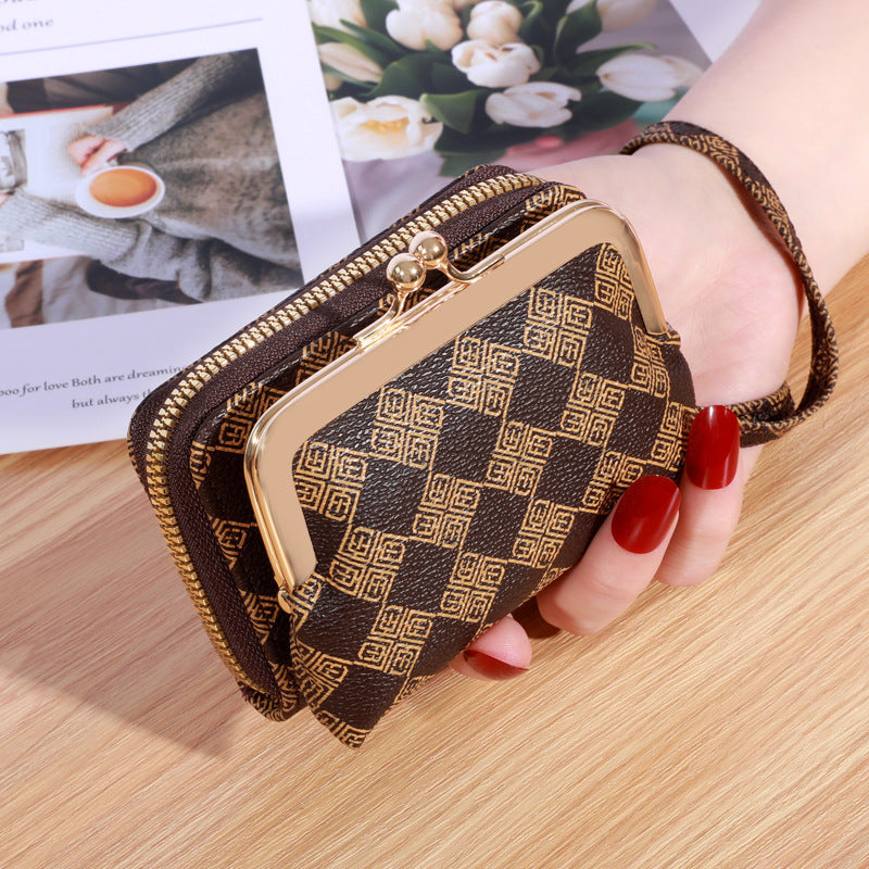 PU Plaid Coin Purse Brown Gray 8x11x3cm for United States Payments - Chic Wallet Women Perfectly Short and united