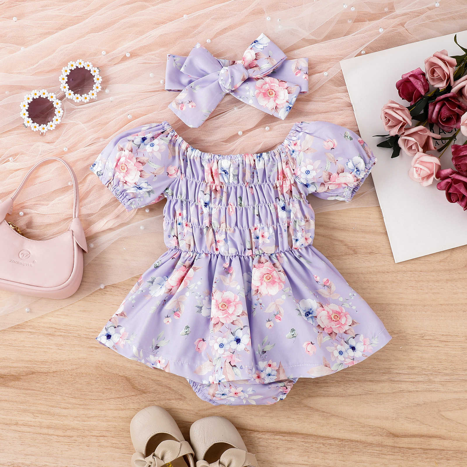 Puff Sleeve Smocking Flower Print Skirt Baby Bodysuit Romper Infant Toddler Romper - Puff Sleeve Romper: Cute Enough